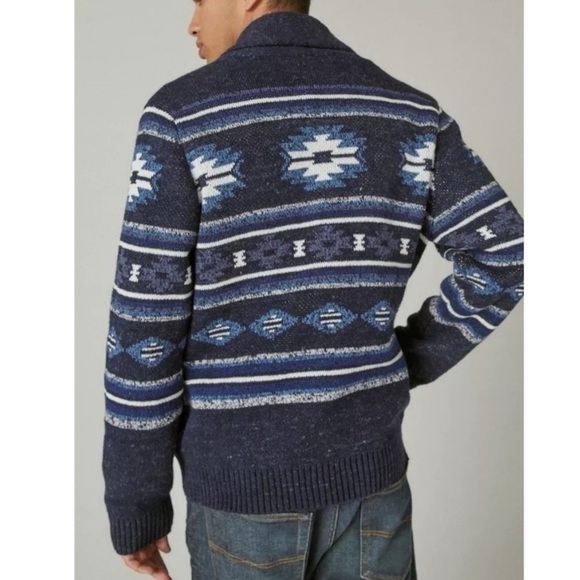 Lucky Brand Legacy Shawl Collar Button Front Cardigan Blue Aztec Print Size M - Picture 7 of 12